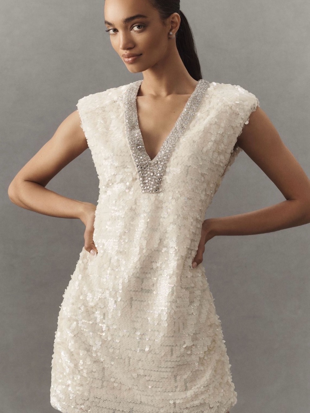 BHLDN Ivory Sequin V-Neck Mini Dress with Beaded Trim